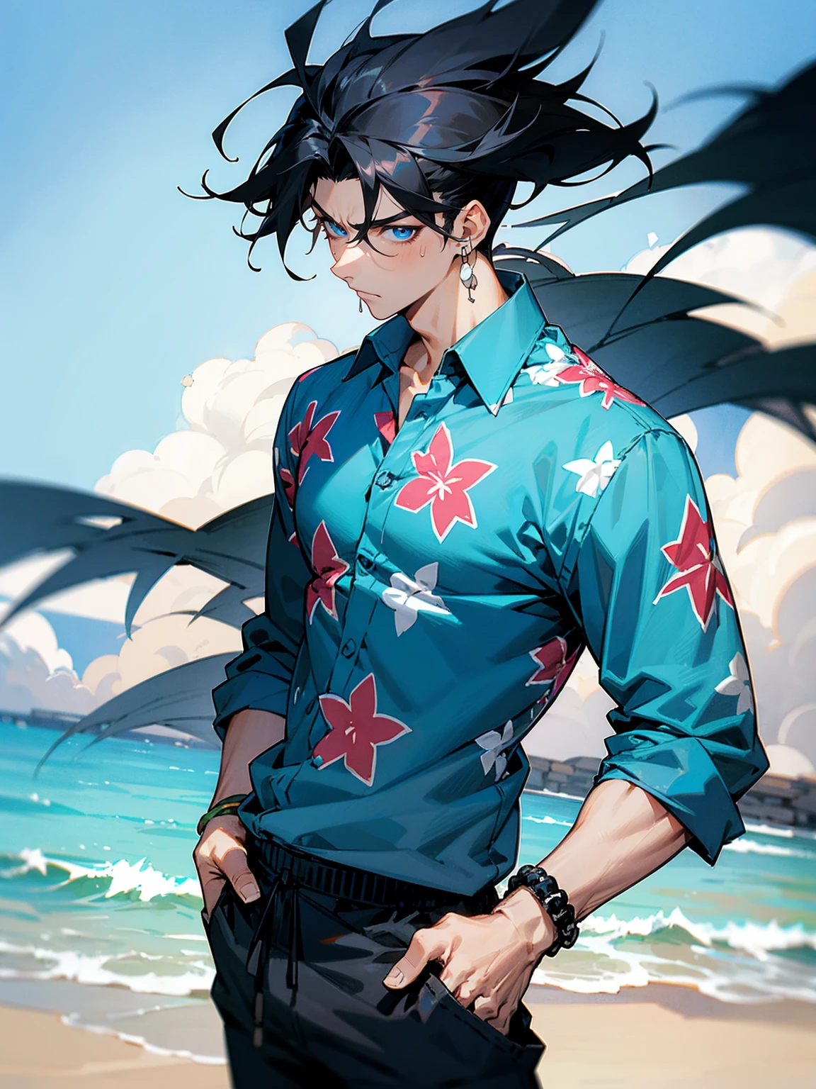 1male, black hair, messy hair, undercut hair, sky blue eyes, checkered hawaiian shirt, bracelets, black sweatpants serious expression