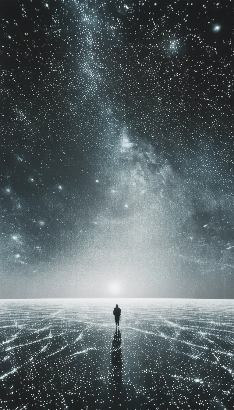 best quality,Extremely detailed,Reality:1.37,landscape,black and white,Soft lighting,Star,planet,nebula,Wandering Figure,peaceful的孤独,The vast universe,Subtle textures,peaceful的气氛,calm,,Ethereal Beauty,peaceful,Simple shapes and lines,Sublime Experience,Limited color palette,Dreamy atmosphere