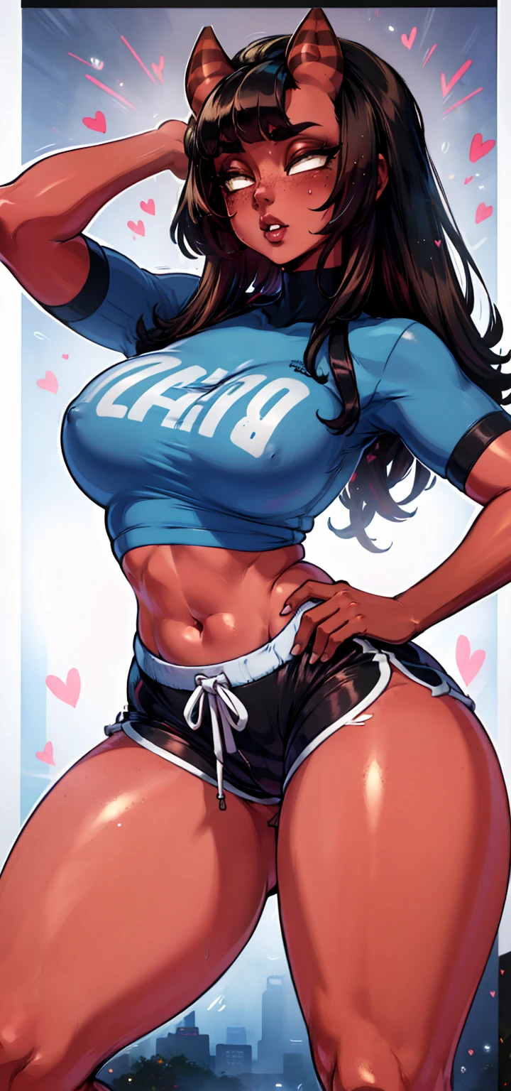 (short visible through crop top+++, sport shorts+++, stockings, super sexy cloth+++), wet, lactation, naked , naked pussy++, hearts particles++, nsfw++, blush, sexy pose++, enormous breasts, wide hips, visible pussy, visible nipples, stockings , (masterpiece, best quality, ultra detailed)