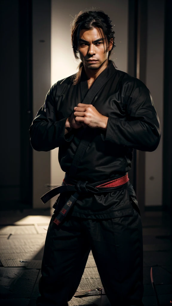 a muscular man, black belt jiu-jitsu fighter, wearing a black kimono, dramatic lighting, detailed face and body, powerful pose, action scene, cinematic, high contrast, moody lighting, dramatic shadows, realistic, photorealistic, 8k, best quality, masterpiece