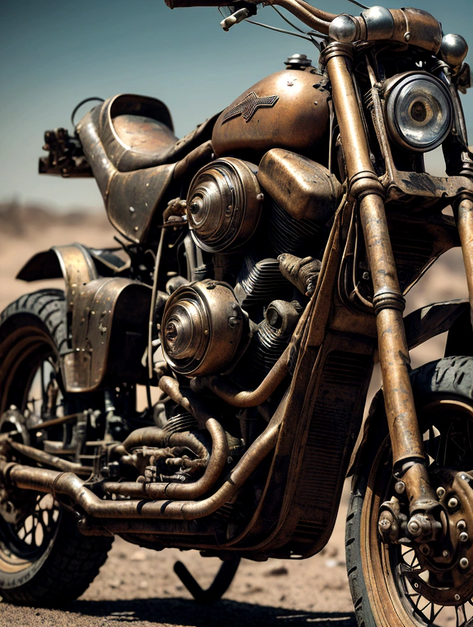 Harley-Davidson Garoto Gordo, golden color, retro, Mad Max, mechanical sensation, desert form, detailed mechanical parts, rusted metal textures, intricate gears and pipes, weathered leather, dusty environment, dramatic lighting, cinematic composition, high contrast, gritty atmosphere, worn vintage aesthetic, hyper-detailed, photorealistic, 8k