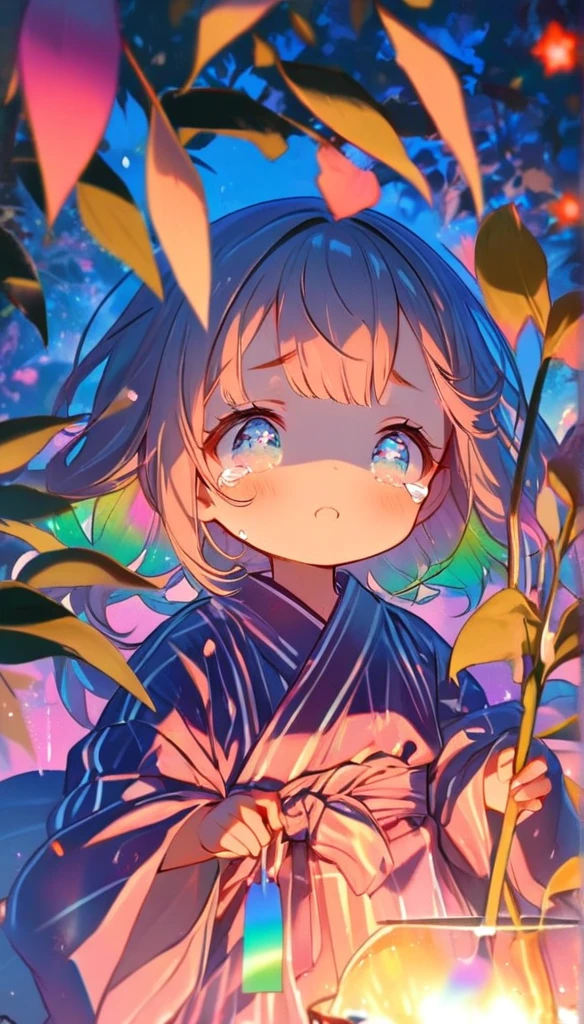 tears、tearsを流すTwo people、Sad expression、Caving、Two people gazing at a big flower、Two people、tanabata、Strip、Bamboo leaf、Wishing on Strip、Grilling in a yukata,fluid,Particles of light, dream-like,Sparkling,dream-like glow,Paint drips,oil,strong stroke,Paint drips,Splash Paint Drop, oil,(Abstract:1.2)A girl and a boy made up of(tanabataライトトレース:1.25),Change to (Radioluminescence light tracking) スタイルtanabataのSummer festival,Two people are Orihime and Hikoboshi(Cowboy Shot),Temple Fair,Summer festival,Shining in rainbow colors、16K, Ultra-high resolution, to be born,wonderful ,future、iridescent、The world 30 years from now。