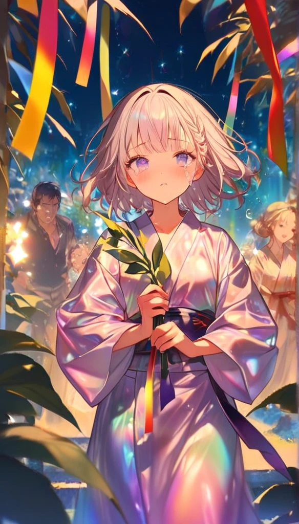tears、tearsを流すTwo people、Sad expression、Caving、Two people gazing at a big flower、Two people、tanabata、Strip、Bamboo leaf、Wishing on Strip、Grilling in a yukata,fluid,Particles of light, dream-like,Sparkling,dream-like glow,Paint drips,oil,strong stroke,Paint drips,Splash Paint Drop, oil,(Abstract:1.2)A girl and a boy made up of(tanabataライトトレース:1.25),Change to (Radioluminescence light tracking) スタイルtanabataのSummer festival,Two people are Orihime and Hikoboshi(Cowboy Shot),Temple Fair,Summer festival,Shining in rainbow colors、16K, Ultra-high resolution, to be born,wonderful ,future、iridescent、The world 30 years from now。