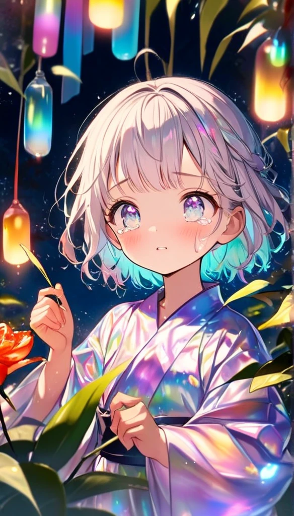 tears、tearsを流すTwo people、Sad expression、Caving、Two people gazing at a big flower、Two people、tanabata、Strip、Bamboo leaf、Wishing on Strip、Grilling in a yukata,fluid,Particles of light, dream-like,Sparkling,dream-like glow,Paint drips,oil,strong stroke,Paint drips,Splash Paint Drop, oil,(Abstract:1.2)A girl and a boy made up of(tanabataライトトレース:1.25),Change to (Radioluminescence light tracking) スタイルtanabataのSummer festival,Two people are Orihime and Hikoboshi(Cowboy Shot),Temple Fair,Summer festival,Shining in rainbow colors、16K, Ultra-high resolution, to be born,wonderful ,future、iridescent、The world 30 years from now。