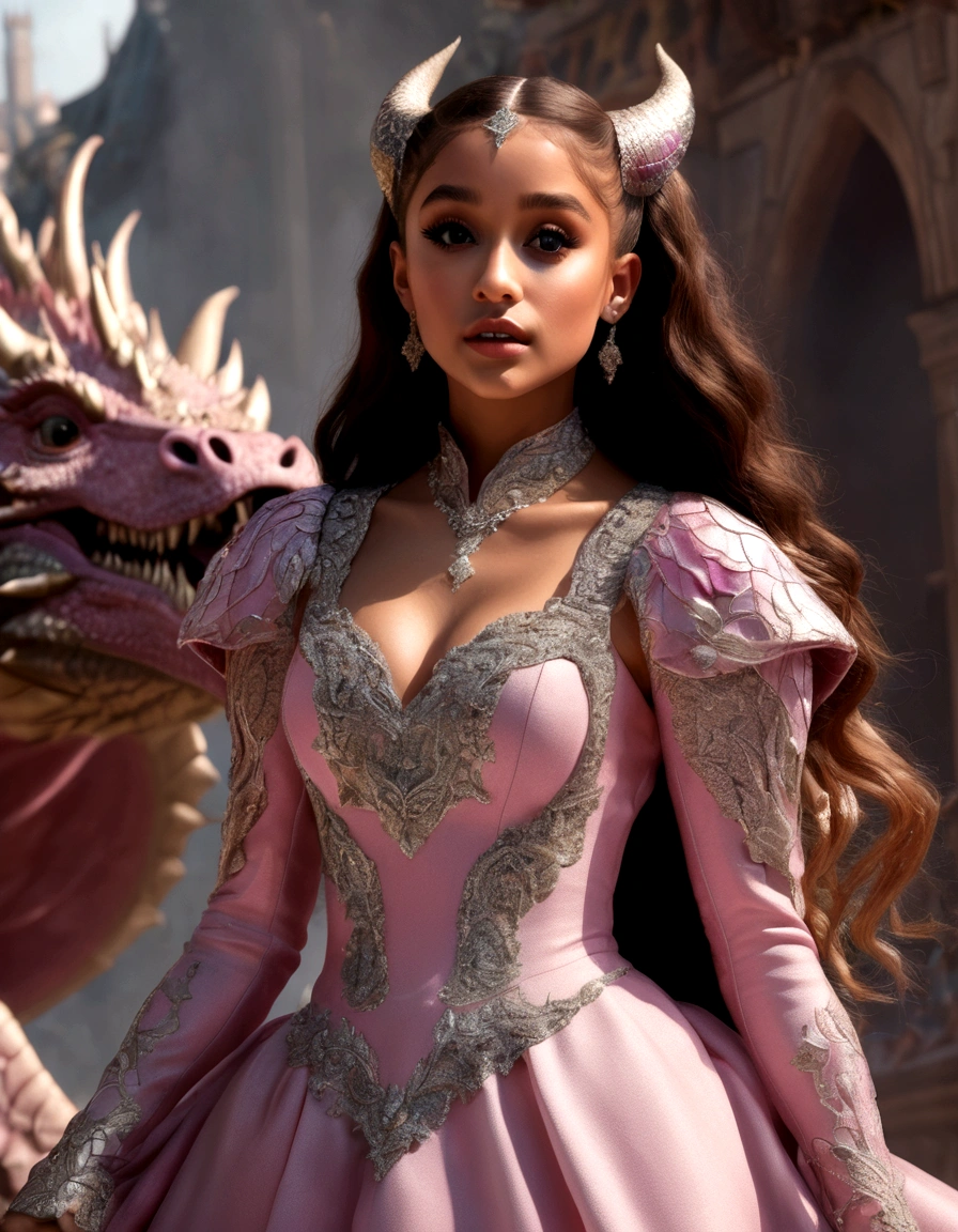 1 girl, Ariana Grande, 25 years old, beautiful detailed eyes, beautiful detailed lips, extremely detailed face and features, longeyelashes, princess dress, pink, dragon's lair, scolding dragon, bopping dragon's nose, messy lair, no bed, high fantasy, bones and gold scattered around hap hazard(best quality,4k,8k,highres,masterpiece:1.2),ultra-detailed,(realistic,photorealistic,photo-realistic:1.37),concept art, vivid colors, dramatic lighting, cinematic
