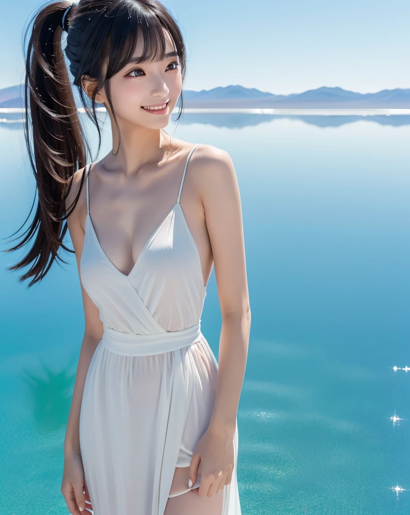 (Highest quality, 32k, High resolution, Masterpiece:1.5), marimo_jet, god々A photograph with brilliant dazzling and healing power., Evoking a sense of calm and elusive beauty, Expressing emotions, Have a rich imagination, Beautiful Japanese Girls, An exceptionally beautiful face, Small Face Beauty, , Perfect Human Anatomy, Magical big eyes, Motherhood and generosity, Deep Love, fleeting smile, Shiny black hair, A gently swaying ponytail, Asymmetrical bangs, Hair between the eyes, Transparent, soft white skin, Sharp eyebrows, Thin lashes, ((Natural Makeup:1.3)), White dress, High resolutionの完璧な鎖骨, High resolutionの美しい胸元, Slim figure with ample breasts, High resolutionの美しい太もも, ((Distant Horizon:1.5)), ((Salar de Uyuni stretches to the horizon:1.3)), ((The water surface reflects the sky like a mirror:1.5)), Beautiful detailed blue sky, Professional photographer, Professional Lighting, Professional models