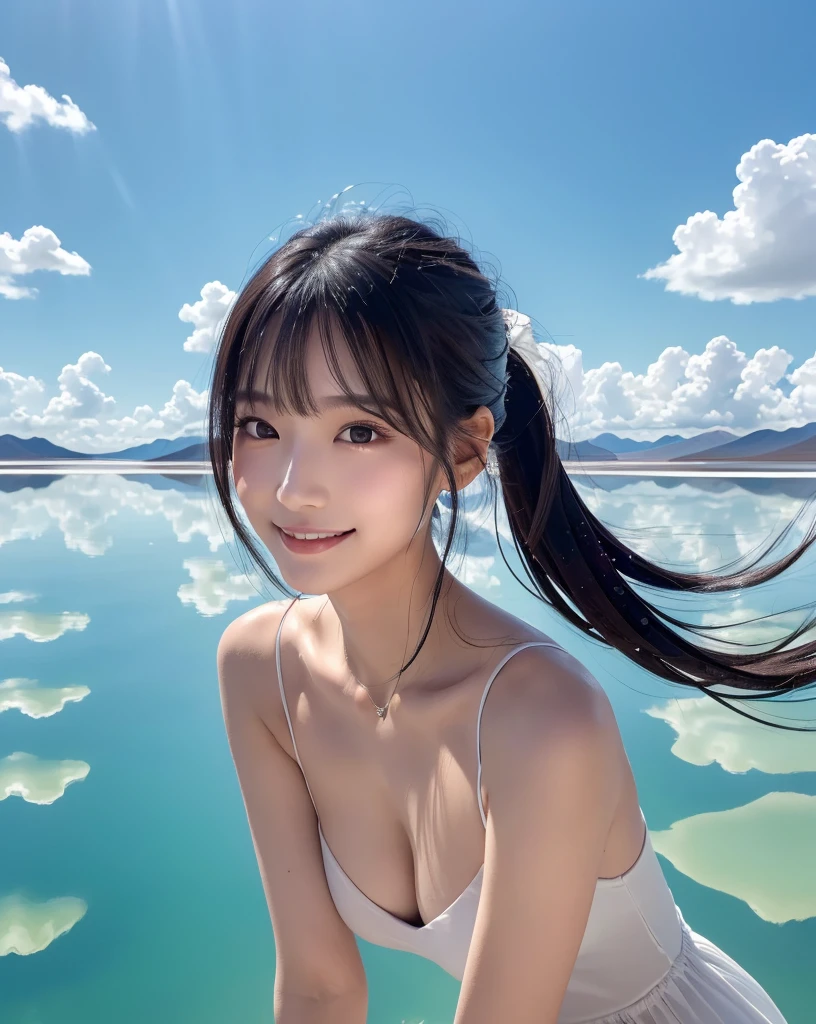(Highest quality, 32k, High resolution, Masterpiece:1.5), marimo_jet, god々A photograph with brilliant dazzling and healing power., Evoking a sense of calm and elusive beauty, Expressing emotions, Have a rich imagination, Beautiful Japanese Girls, An exceptionally beautiful face, Small Face Beauty, , Perfect Human Anatomy, Magical big eyes, Motherhood and generosity, Deep Love, fleeting smile, Shiny black hair, A gently swaying ponytail, Asymmetrical bangs, Hair between the eyes, Transparent, soft white skin, Sharp eyebrows, Thin lashes, ((Natural Makeup:1.3)), White dress, High resolutionの完璧な鎖骨, High resolutionの美しい胸元, Slim figure with ample breasts, High resolutionの美しい太もも, ((Distant Horizon:1.5)), ((Salar de Uyuni stretches to the horizon:1.3)), ((The water surface reflects the sky like a mirror:1.5)), Beautiful detailed blue sky, Professional photographer, Professional Lighting, Professional models