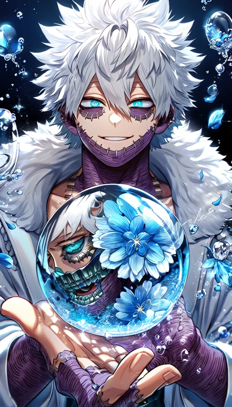 absurdres, highres, ultra detailed, HDR, master piece, best quality, extremely detailed, Dabi, white hair, expressive turquoise eyes, Boku No Hero Academia, solo, sexy man, handsome, smiling, white coat with fur, magical, fantasy, glittering, sparkling, glass, blue flowers, blue petals, water, blue moon