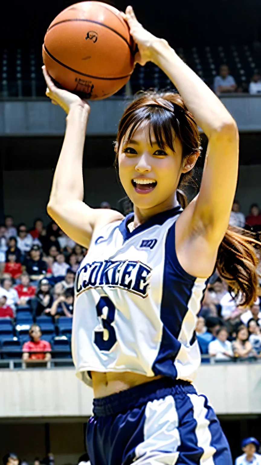 (((With perfect anatomy, we carefully draw perfect limbs with no excess or deficiency, taking into account the direction in which the joints bend.))),The grandstands were filled with spectators,(((A beautiful basketball player with outstanding style is running seriously with wrinkled eyebrows on the field of a Large gymnasium with spectators))),(((The uniform is a sleeveless basketball uniform with a collar and running pants with a large number on the back.々Shii,Put on basketball shoes))),(((Capture the powerful moment of sprinting with a basketball in a full-body snapshot))),Speed,body幹の強い低い姿勢,Speed,Capture the essence of the movement and the moment of the play,((A beautiful basketball player wearing a red uniform with white horizontal stripes and a thick headband looks ahead)), Fight off the enemies who try to stop her,((眉間にしわを寄せながらバスケットボールボールを持ってバスケットゴールに向かって走る動きの本質を捉えた側面からの4K動body撮影)),Rushing forward like a rabbit,All in one,(Skin Dentition:1.5),Realistic and realistic,(masterpiece:1.5),Sports concept art,Intricate details,Highly detailed and realistic,Octane Rendering,4K,Sports Real Engine,Dynamic pose, Highest quality,High resolution,(Realistic Face:1.1),(Surreal:1.1), ((full_body)),((Expressing the dynamism that emanates from the whole body)),(((He has a slim, muscular body with well-trained legs and a slim waist, making him look like a coke bottle.))),(4K full-body shot from the side),(Shiny skin:1.2),(((Hairstyle))),(((Perfect hands))),(Highly detailed background),((Well-maintained Tokyo Metropolitan Government々Background of stadium full of spectators on center court of wooden arena)),A crucible of cheers and excitement,((Beauty condensed in 1girl)),((光を蓄えた美Shii瞳)),(Shiho wearing a necklace),(((滴る大量の汗が眩Shii))),(Ponytail flutters in the wind),casting ,((Dramatic beauty)),披写界深度の深い美Shiiボケ,4K,Gothic,4K Digital SLR Camera,Film grain effect,Fujifilm XT3 style,(Saiharu Body),(Delicate eyes and face),Professional Perspective,素晴らShiiディテール,1girl condenses exceptional beauty,繊細でHigh noseを持つ美Shii顔,High nose, Clear chestnut eyes that glorify the light, Glossy red lips, light makeup,))),