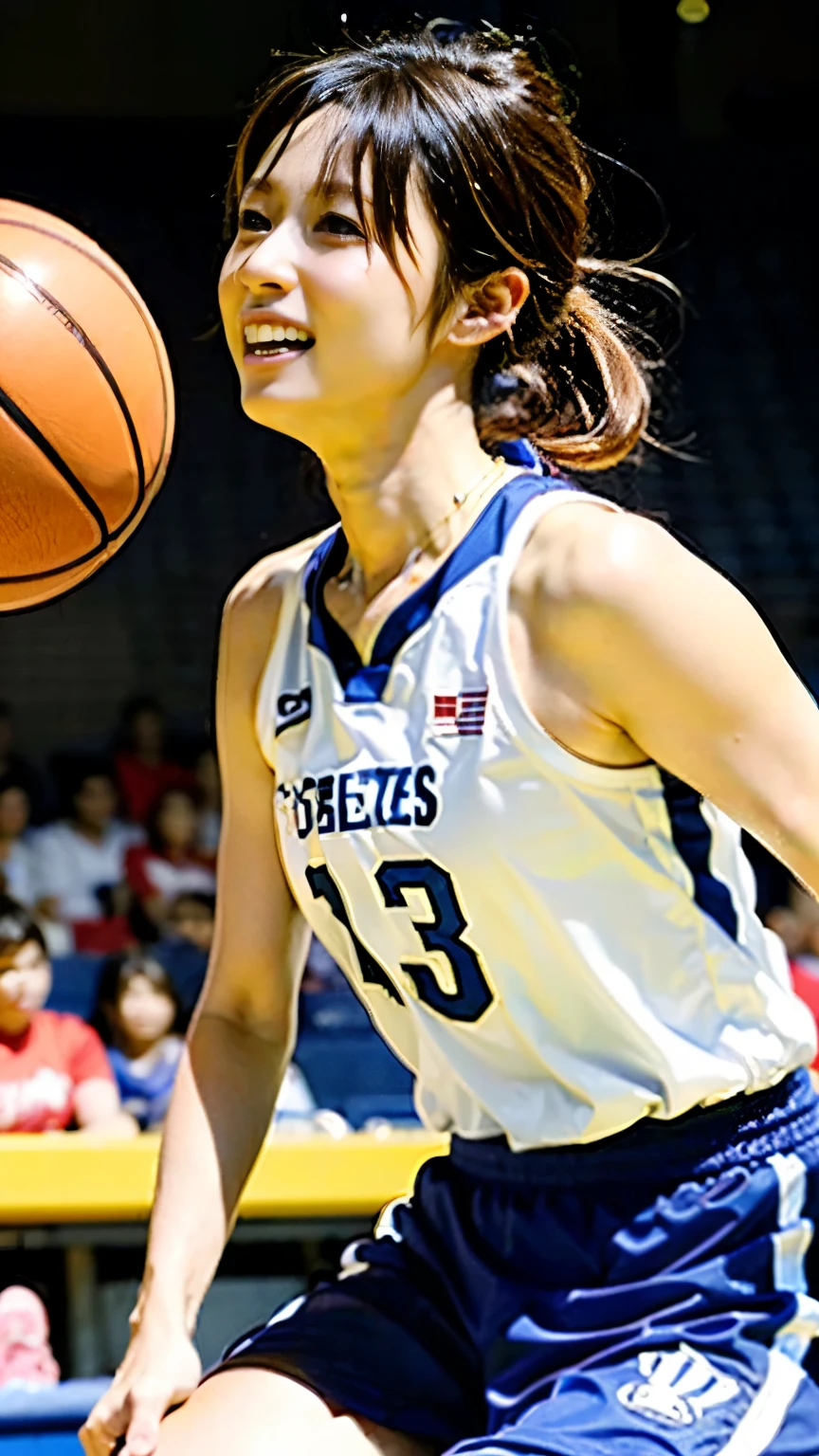 (((With perfect anatomy, we carefully draw perfect limbs with no excess or deficiency, taking into account the direction in which the joints bend.))),The grandstands were filled with spectators,(((A beautiful basketball player with outstanding style is running seriously with wrinkled eyebrows on the field of a Large gymnasium with spectators))),(((The uniform is a sleeveless basketball uniform with a collar and running pants with a large number on the back.々Shii,Put on basketball shoes))),(((Capture the powerful moment of sprinting with a basketball in a full-body snapshot))),Speed,body幹の強い低い姿勢,Speed,Capture the essence of the movement and the moment of the play,((A beautiful basketball player wearing a red uniform with white horizontal stripes and a thick headband looks ahead)), Fight off the enemies who try to stop her,((眉間にしわを寄せながらバスケットボールボールを持ってバスケットゴールに向かって走る動きの本質を捉えた側面からの4K動body撮影)),Rushing forward like a rabbit,All in one,(Skin Dentition:1.5),Realistic and realistic,(masterpiece:1.5),Sports concept art,Intricate details,Highly detailed and realistic,Octane Rendering,4K,Sports Real Engine,Dynamic pose, Highest quality,High resolution,(Realistic Face:1.1),(Surreal:1.1), ((full_body)),((Expressing the dynamism that emanates from the whole body)),(((He has a slim, muscular body with well-trained legs and a slim waist, making him look like a coke bottle.))),(4K full-body shot from the side),(Shiny skin:1.2),(((Hairstyle))),(((Perfect hands))),(Highly detailed background),((Well-maintained Tokyo Metropolitan Government々Background of stadium full of spectators on center court of wooden arena)),A crucible of cheers and excitement,((Beauty condensed in 1girl)),((光を蓄えた美Shii瞳)),(Shiho wearing a necklace),(((滴る大量の汗が眩Shii))),(Ponytail flutters in the wind),casting ,((Dramatic beauty)),披写界深度の深い美Shiiボケ,4K,Gothic,4K Digital SLR Camera,Film grain effect,Fujifilm XT3 style,(Saiharu Body),(Delicate eyes and face),Professional Perspective,素晴らShiiディテール,1girl condenses exceptional beauty,繊細でHigh noseを持つ美Shii顔,High nose, Clear chestnut eyes that glorify the light, Glossy red lips, light makeup,))),