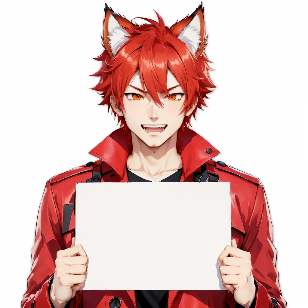 anime guy with red hair holding a blank sign, official character art, as an anime character, official art, trigger anime artstyle, fox nobushi, ( ( ( yoshinari yoh ) ) ), with index finger, male anime character, key anime art, official character illustration, in an anime style, key anime visuals, anime character, anime style characterAnime style digital artwork featuring a male character with red hair and red fox ears, wearing a red trench coat, black buttons, happy expression with sharp facial features and light skin. He holds a white sign in front of his face, action: holding a large white sign, The background is completely white Anime style digital artwork featuring a male character with red hair and red fox ears, wearing a red trench coat, black buttons, happy expression with sharp facial features and light skin. He holds a white sign in front of his face, action: holding a large white sign, the background is completely white, he is standing, seen in full body