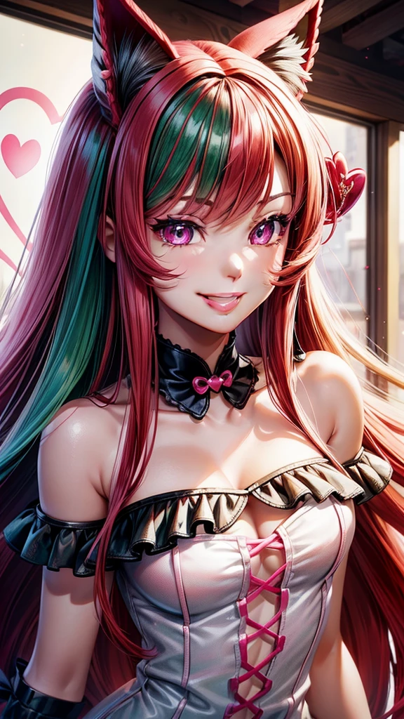 (( barbie red dark green hair color)), pink eyes,sexy woman, cat ears, hearts, floating hearts, face only, long hair, smiling, hair ornament, up close face, closed mouth smile, up closeface, hair bows, sexy body