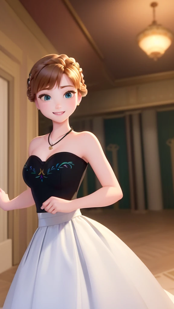 (​masterpiece:1.4)、(best qualtiy:1.4)、(hight resolution:1.4)、Anna of Arendelle、bare shoulders​、black bodice、Emphasize breasts、White skirt、White dress、a necklace、Uploaded、inside the house、ballroom、looking at the viewers、a smile、panty,