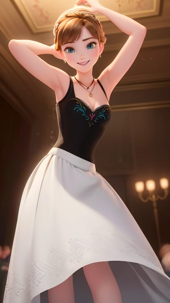 (masterpiece:1.4)、(best qualtiy:1.4)、(hight resolution:1.4)、Anna of Arendelle、bare shoulders、black bodice、Emphasize breasts、White skirt、White dress、a necklace、Uploaded、inside the house、ballroom、looking at the viewers、a smile、panty,