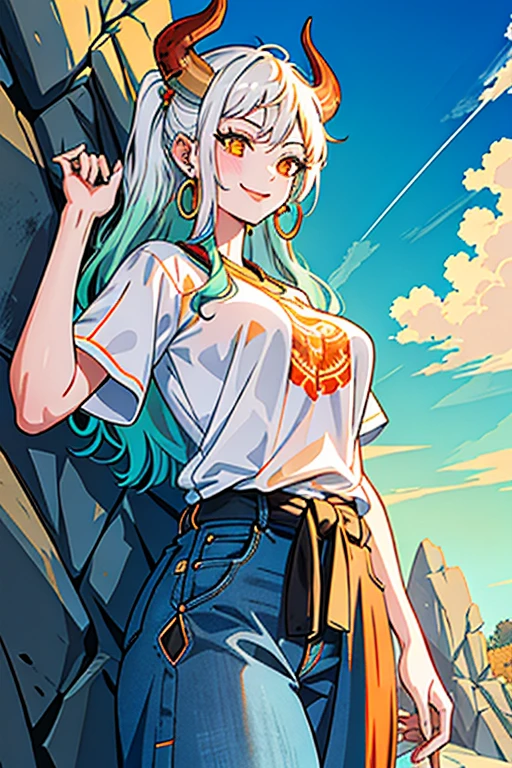masterpiece, ((ultra detailed background, delicate pattern, intricate detail)), (highly detailed, fine details), best quality,beautiful lighting, (((medium breasts, slim girl, very slim girl))), (close-up, portrait), YamatoV2, long hair, 1girl, horns, white hair, solo, oni, red horns, curled horns, hair ornament, (multicolored horns), jewelry, earrings, jeans, t-shirt, round neck, outdoors, cowboy shot, hair stick, aqua hair, sidelocks, hoop earrings, hakama, smile, wide smile, ((orange eyes)), complex detailed background, outside, nature environment, rocks, sunny, blue sky, sky,