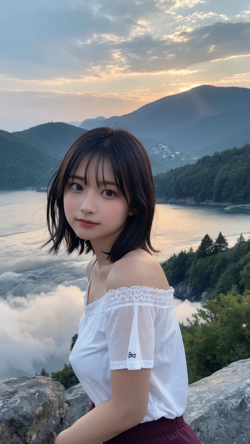 Highest quality, masterpiece, Ultra-high resolution, (Realistic:1.3), RAW Photos, (Nature landscape photography), (Majestic Mountain々The summit of the, sea of clouds), (On top of a very large mountain), (sunset), (One Girl), (Upper Body), (20-year-old), (smile:0.9), (Shiny skin), (short hair, Dark brown hair), (A loose white see-through T-shirt), (Tight casual super short pants),(Off the shoulder)、 (Ultra detailed face), (Nipple erection:1.2), (Highly detailed eyes), (Highly detailed nose), (Highly detailed mouth), (Very skilled hands), (Super-detailed body), Sony a7, 85mm lens, f9.0, Pan Focus
、High-quality lace panties available、(Face the camera with your body facing forward、Face to face:1.3)、