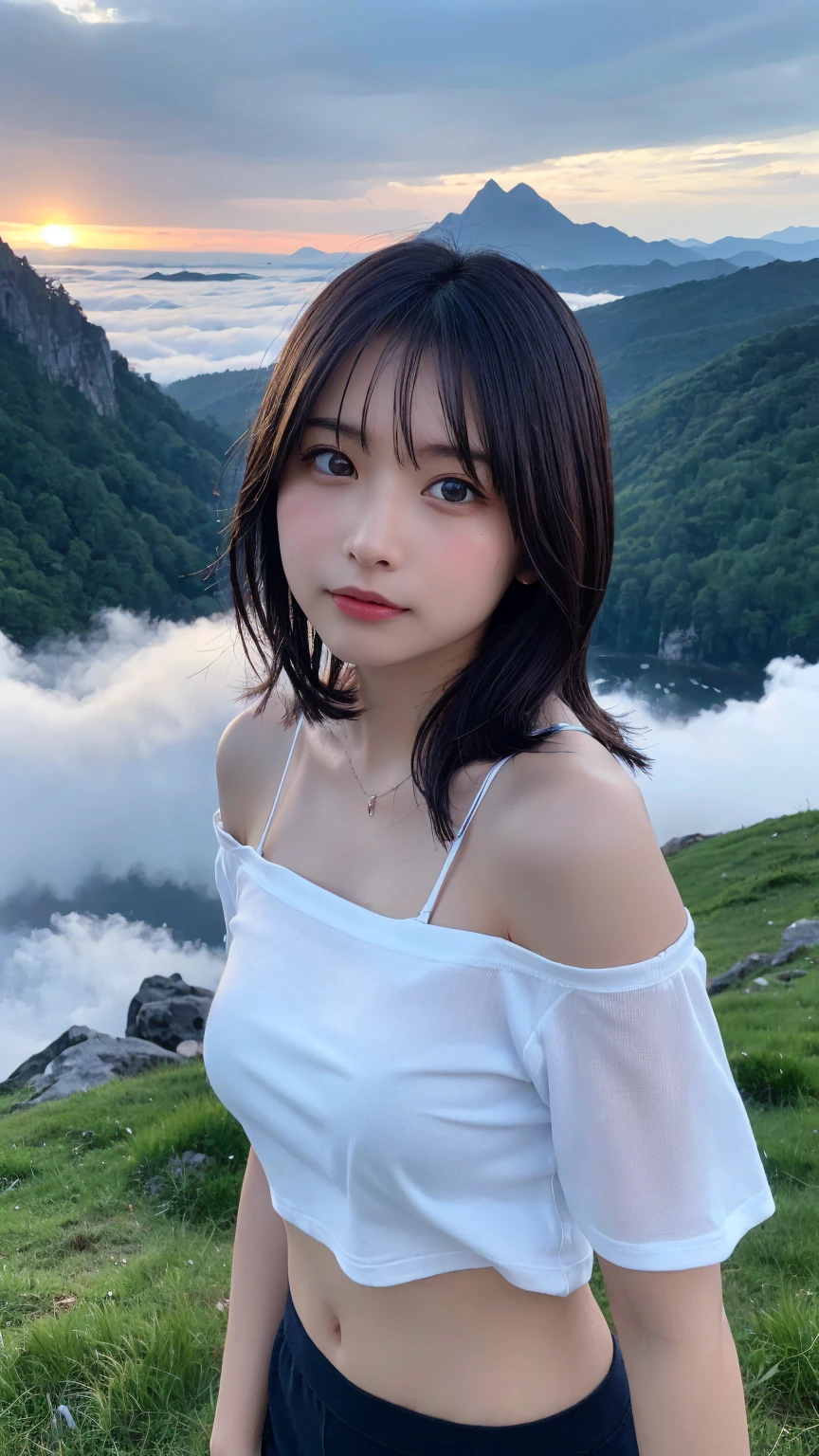 Highest quality, masterpiece, Ultra-high resolution, (Realistic:1.3), RAW Photos, (Nature landscape photography), (Majestic Mountain々The summit of the, sea of clouds), (とても大きな山The summit of the), (sunset), (One Girl), (Upper Body), (20-year-old), (smile:0.9), (Shiny skin), (short hair, Dark brown hair), (A loose white see-through T-shirt), (Tight Casual Super Shorts),(Off the shoulder)、 (Ultra detailed face), (Nipple erection:1.2), (Highly detailed eyes), (Highly detailed nose), (Highly detailed mouth), (Very skilled hands), (Super-detailed body), Sony a7, 85mm lens, f9.0, Pan Focus
、We offer high quality lace panties、(Turn your body forward and face the camera、Face to face:1.3)、(Hunchback、dorsal position:1.3)、