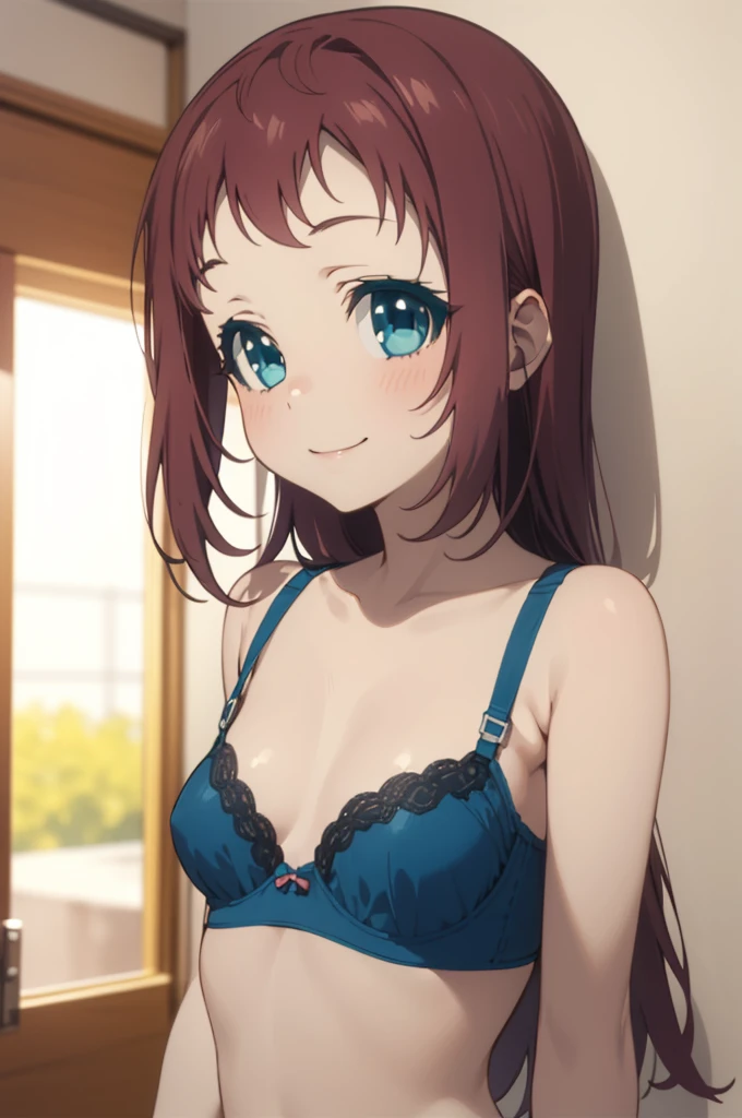 1girl,solo,,smile,,small breasts
aamanaka,brown_hair,long_hair,blue_eyes,scrunchie,bra,panties