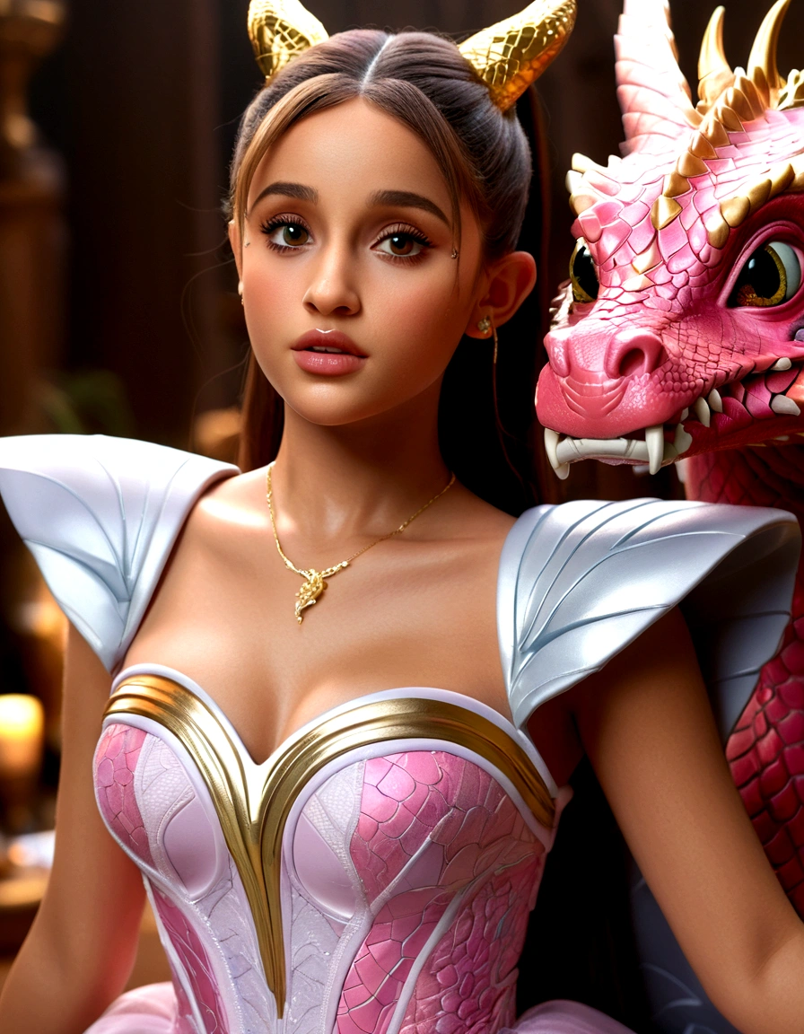 1 girl, Ariana Grande, 25 years old, beautiful detailed eyes, beautiful detailed lips, extremely detailed face and features, longeyelashes, princess dress, pink, dragon's lair, scolding dragon, bopping dragon's nose, messy lair, no bed, high fantasy, bones and gold scattered around hap hazard(best quality,4k,8k,highres,masterpiece:1.2),ultra-detailed,(realistic,photorealistic,photo-realistic:1.37),concept art, vivid colors, dramatic lighting, cinematic
