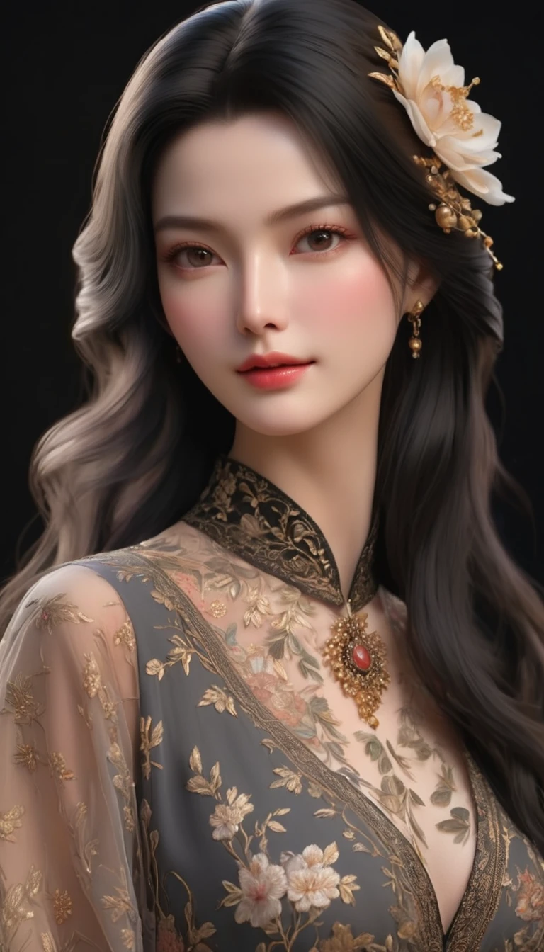 ((最大16K解像度のmasterpiece:1.6)),beautiful,Highest quality,Absolutely wonderful,Very detailed,Ultra-high resolution,masterpiece,Realistic,Realistic,Increased depth of field,Cinematic Light,
One elegant mature woman, Long black hair,beautiful顔,Very detailedな顔の表現,Face with a gentle expression,Transparent white skin,Very delicate skin texture,Great proportions,Anatomically correct body,
Elegant high slit dress,Gorgeous colors,Gorgeous and detailed pattern,Beautifully detailed pattern,Detailed cloth texture,
Black Background,
Focus on the upper body,((Face close-up:1.5)),