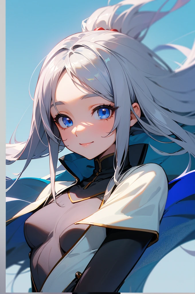 (8K),(high resolution),(high quality),,,,,,,1 Girl、anime painting、Upper body close-up、Natural Proportions、Small breasts、smile、White skin、(Long silver hair)、Beautiful Blue Eyes、Blue background、Written boundary depth,,,,,,,,,,,,