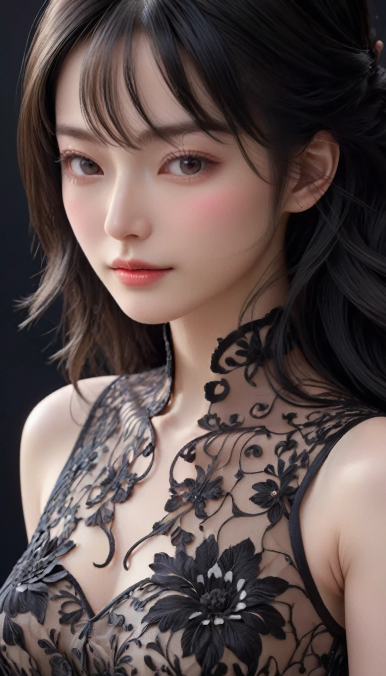 ((最大16K解像度のmasterpiece:1.6)),beautiful,Highest quality,Absolutely wonderful,Very detailed,Ultra-high resolution,masterpiece,Realistic,Realistic,Increased depth of field,Cinematic Light,
One elegant mature woman, Long black hair,beautiful顔,Very detailedな顔の表現,Face with a gentle expression,Transparent white skin,Very delicate skin texture,Great proportions,Anatomically correct body,
Elegant high slit dress,Gorgeous colors,Gorgeous and detailed pattern,Beautifully detailed pattern,Detailed cloth texture,
Black Background,
Focus on the upper body,(Face close-up:1.5),
