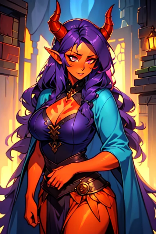 female, ((tiefling)), 1 girl, alone, dnd, artificer outfit, ((best quality)), ((arcane armor)), ((masterpiece)), (detailed), HDR, perfect face, cloth skirt, ((long pale hair)), ((long hair)), ((purple hair)), built, fantasy workshop night time background, orange eyes, ((red skin)), huge size breast, demon horns, portrait, shy,