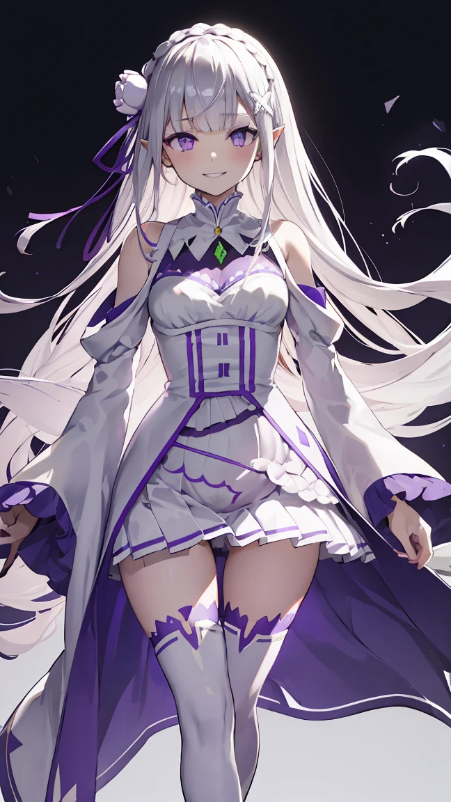 Lezero Emilia, emilia, braid, Crown braid, flower, Hair Flower, hair ornament, Hair Ribbon, Long hair, pointy ear, (Purple eyes:1.2), White hair, x hair ornament,
Break Detach Color, Detached sleeves, frilly sleeves, frilld, Long sleeves, Miniskirt, Pleated skirt, bow ribbon, Skirt, thighs thighs thighs thighs, White skirt, White sleeves, white thighhig, Wide sleeves, zettai ryouiki,
BREAK (masutepiece:1.2), Best Quality, High resolution, Unity 8k Wallpaper, (Illustration:0.8), (Beautiful detailed eyes:1.6), extra detailed face, Perfect Lighting, extremely details CG, (Perfect hands, Perfect Anatomy),is standing、Evil Fall, 1girl in, solo, pubic tattoo,Lipakeup、lip stick、eye line / Mascara Eyeshadow Evil Fall、Bad Woman、bad looking、Empty eyes、Psychopaths、Eyes pink、Grinning、Smile, lightsmile,Knives、low angles、leggy、Long leguchimuchi、Transparent pupils、, ((Positive pregnancy test))fullbody image、high-heels、High heels、smile, Purple Lipstick、saliva, Micro Mini Skirt、Standing、(half:1.3), Wide Hips, Thick thighs, (Thigh Gap:1.2), Big Ass, (shaving、1 Girl, whole body,look up:1.4)