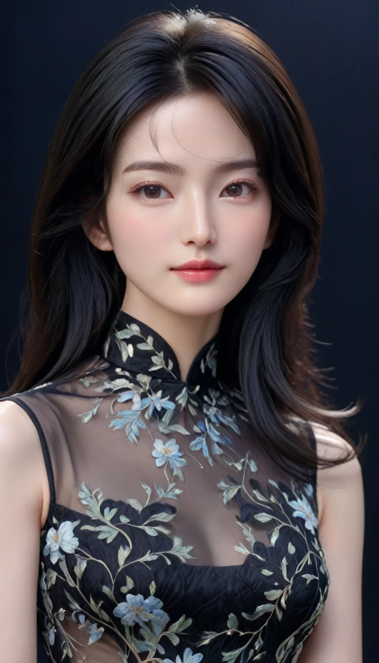 ((最大16K解像度のmasterpiece:1.6)),beautiful,Highest quality,Absolutely wonderful,Very detailed,Ultra-high resolution,masterpiece,Realistic,Realistic,Increased depth of field,Cinematic Light,
One elegant mature woman, Long black hair,beautiful顔,Very detailedな顔の表現,Face with a gentle expression,Transparent white skin,Very delicate skin texture,Great proportions,Anatomically correct body,
Elegant high slit dress,Gorgeous colors,Gorgeous and detailed pattern,Beautifully detailed pattern,Detailed cloth texture,
Black Background,
Focus on the upper body,((Face close-up:1.5)),
