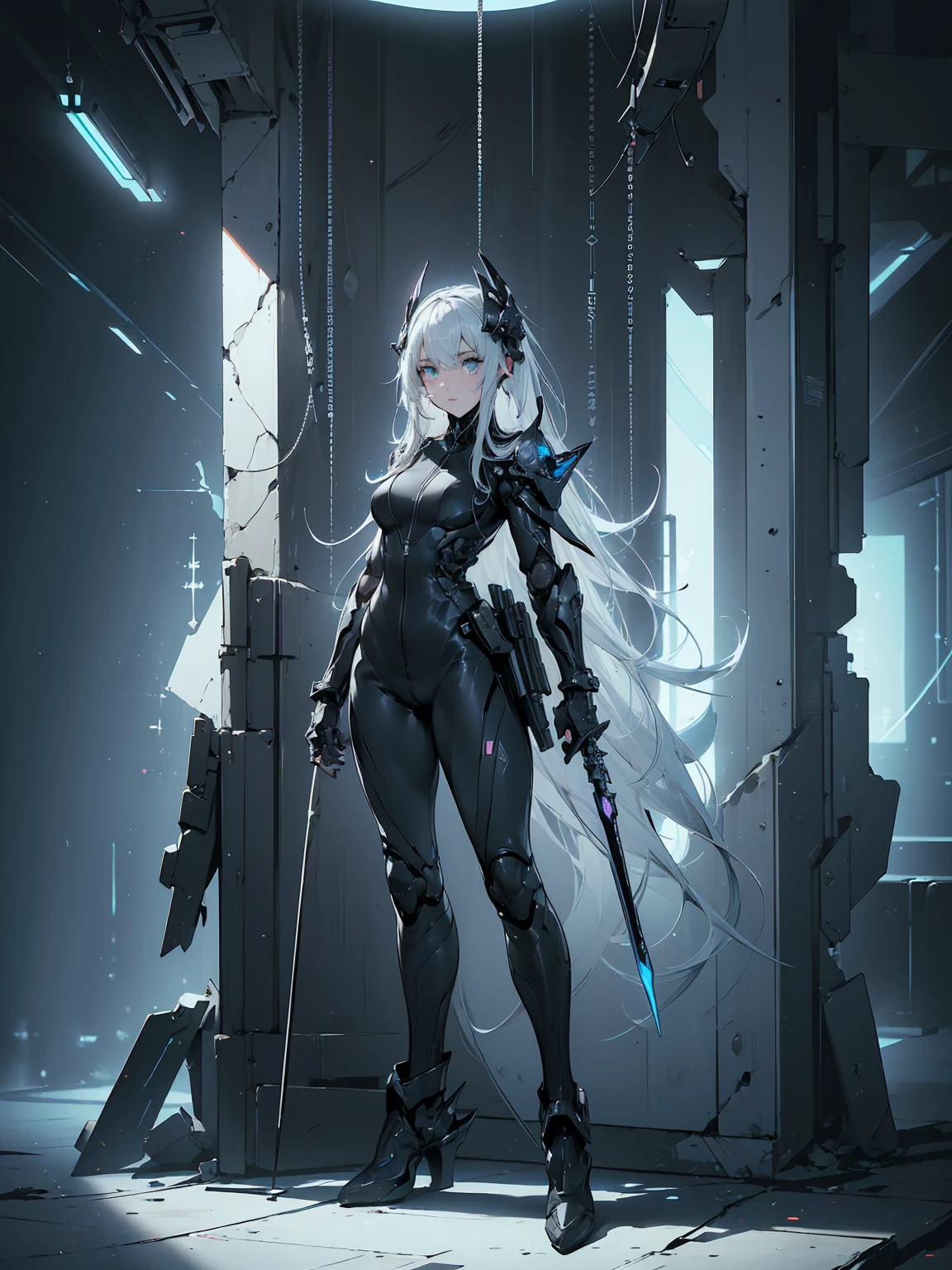 (((masterpiece, best quality, 8k)))Design a layout showcase Gaming character, (1girl). Black+Silver high tech armor suit, sleek and modern, ((showcase weapon:1.4)), laser gun, (masterpiece:1.2), (best quality), 4k, ultra-detailed, (Step by step design, layout art:1.5), (neon lighting, cyber ambiance), cyberpunk, ((tech gloves)), (((revealing jumpsuit:1.3))), tech armor, combat boots, (((full_body_shot:1.4)))