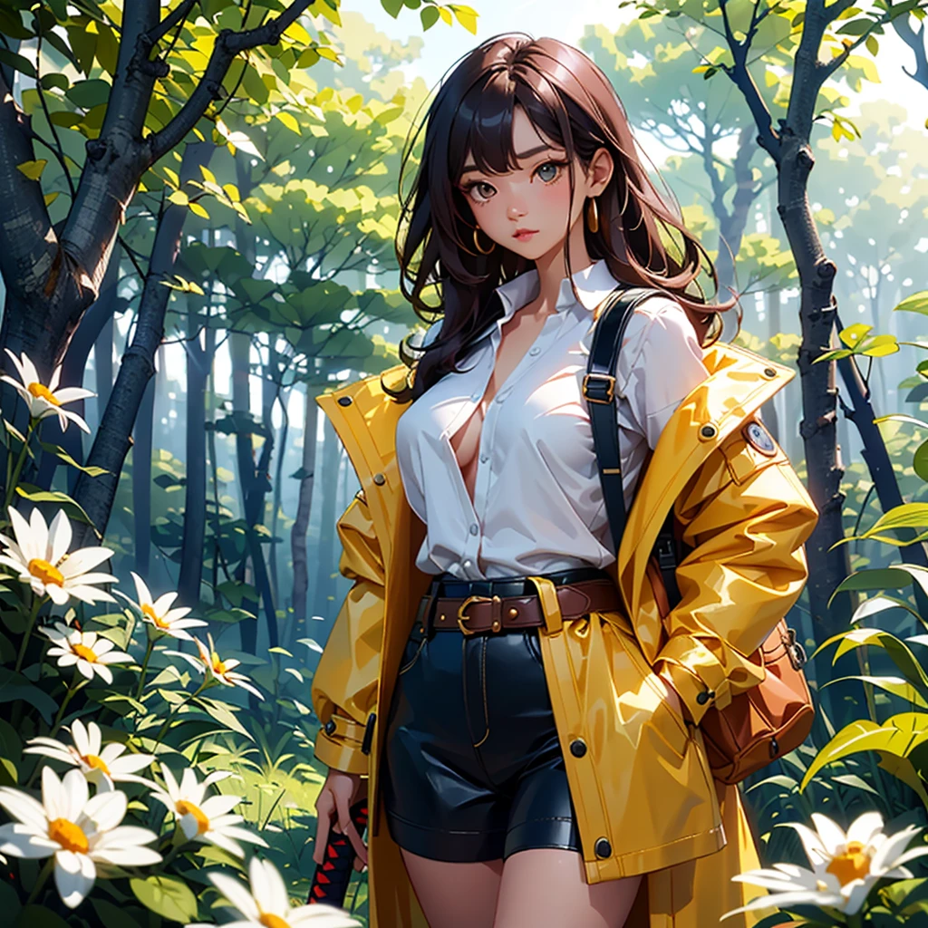 ((best quality)), ((masterpiece)), (detailed), off-shoulder sweater, Transparent body, Visible veins, Highly detailed, Upper body, one girl, young Korean woman with a Korean beautiful face, golden eyes and yellow sandy lush hair, tanned dark bronze skin, huge chest, dressed in an open coat with rolled up sleeves, a transparent unbuttoned shirt, a wide leather belt with gold yarn, leather shorts, a hiking backpack, a two-handed katana in sheathed, walking through the forest, trees with blue foliage and white flowers,
