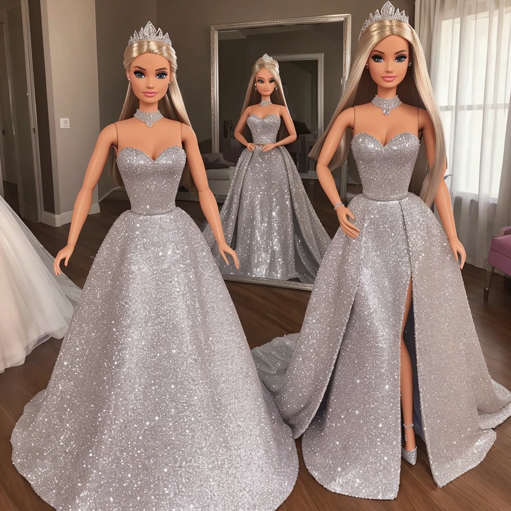 Create Barbie with a long silver dress with lots of shine and behind her a castle full of diamonds and glitter