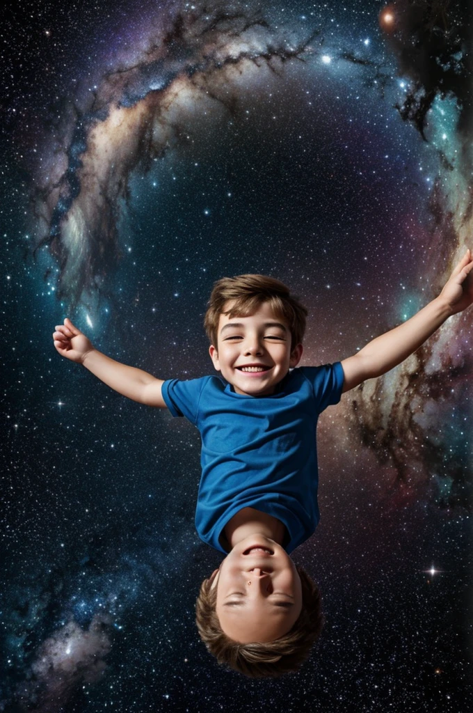 A magical cosmic scene where a smiling boy named Lucas is in the middle of space. On one side, there&#39;s a deep darkness with stars shining, and on the other side, a radiant light illuminating everything. Lucas is looking in wonder at the transition between light and dark, with an expression of enchantment."