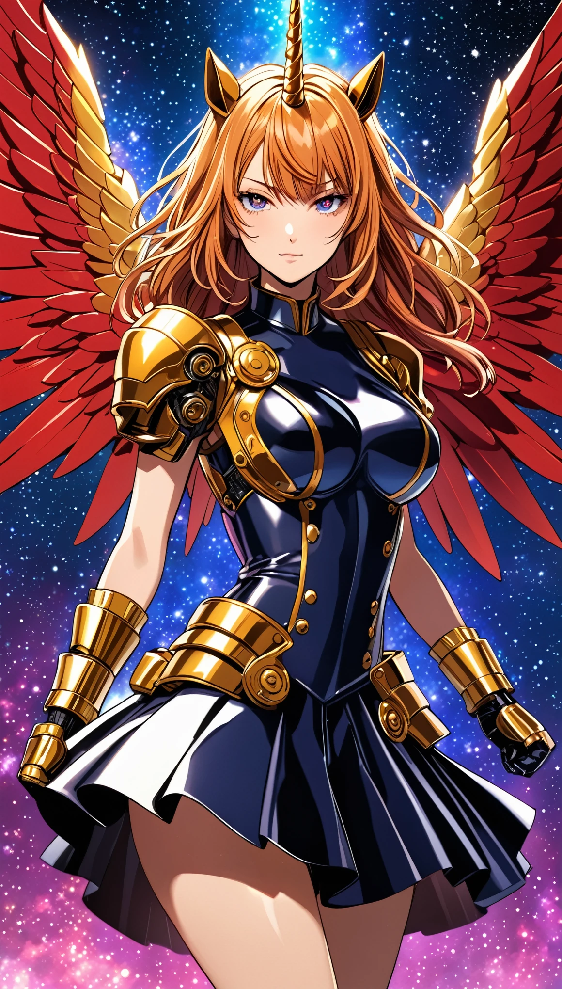 unicorn horn,metal spiral sharp corners,in style of Raymond Pettibon,in style of Takeshi Obata,in style of David Sims
huge mechanical angel wings,mechanical_Halation,1 girl,mechanical wrist,mechanical skirt with pleated skirt,(huge makeover mechanical fists:1.5),
the fist flashed ,(bold,smooth,elegant,curvaceoous,precise:1.2),Whole body wide color gamut diffuse gradient paint,The transition is natural,Clear demarcation,Nebula Background,Floating,Red and blue shift particle light effect,Motion Blur,Background blur,