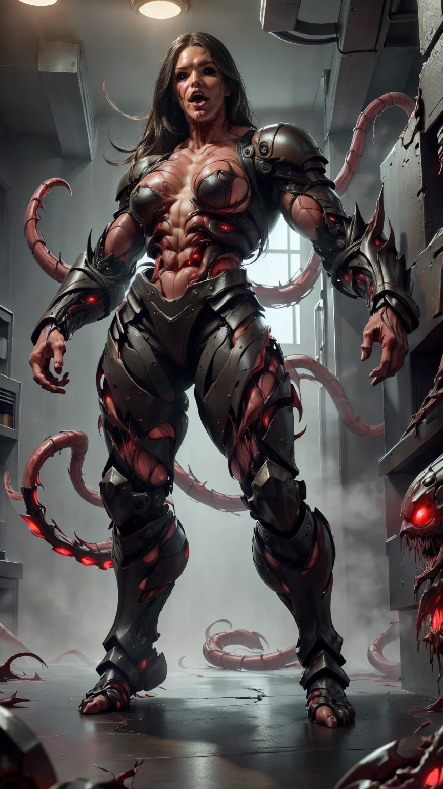 Megan fox as armored carnage, (red carnage skinless muscular bio-mecha armor:1.25), (mouth wide open, carnage style:1.25), (full body view:1.25), Realistic, Very detailed face and eyes, (masterpiece:1.1), (beautiful girl face:1.45)