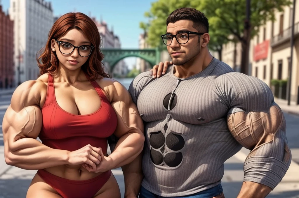 male Nino Lahiffe: Brown skin, dark hair, usually seen wearing a red cap, glasses,underwear, and a female Alya Césaire: Brown skin, curly dark brown hair, often wears glasses,bikini,muscular hyper-realistic bodybuilding couple, extremely detailed and muscular male and female bodybuilders, shredded physiques, ((highly defined abs, veins, bulging muscles, flexing, intense facial expressions,)) outdoor natural setting, dramatic lighting, cinematic composition, photorealistic, trending on artstation, 8k, high resolution, hyper-detailed,both are flexing their muscle i competition.