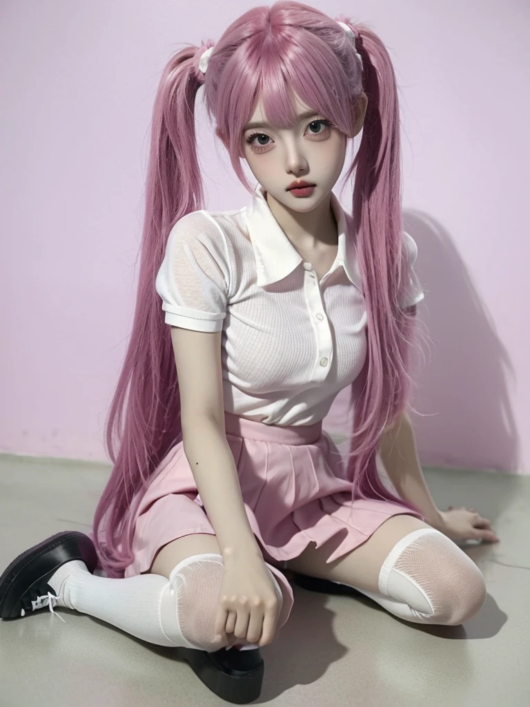 BJD doll face, beautiful girl, pink hair, two pigtails, long pigtails, white shirt, pink skirt, white stockings, black school shoes, quiet