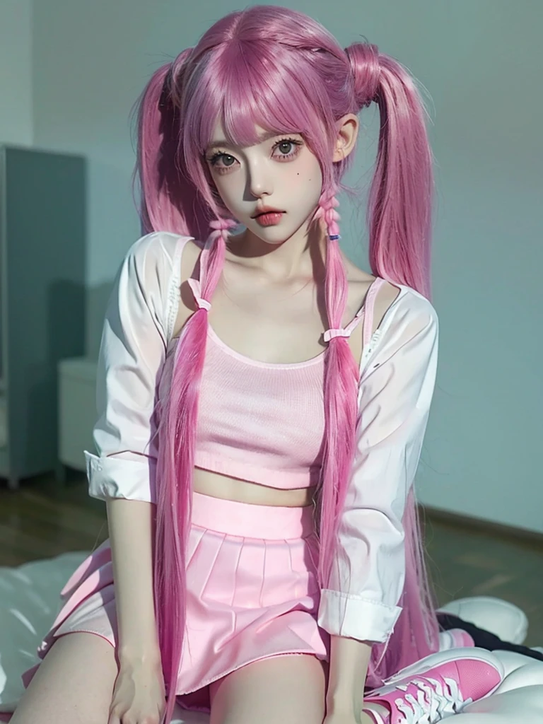 BJD doll face, beautiful girl, pink hair, two pigtails, long pigtails, white shirt, pink skirt, white stockings, black school shoes, quiet