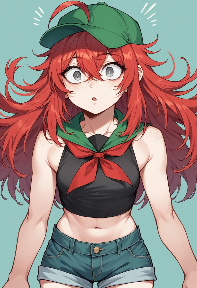 best quality, masterpiece, super high resolution, perfect anatomy, 1girl, red hair, long hair, hair between eyes, long bangs, double-parted_bangs, spiky hair, messy hair, ahoge, silver eyes, eyes_visible_through_hair, small breasts, chestnut mouth, freckles, wide eyed, pale skin, 23 years old, sleeveless top, black top, crop top, Denim shorts, green shorts, red neckerchief, baseball cap, incredibly absurdres,