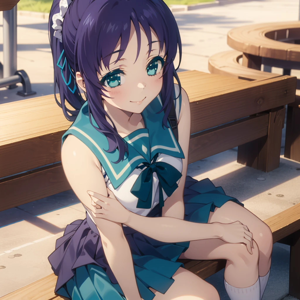 1girl,solo,outdoor,bench,sitting,smile,
 aatisaki,blue_hair,blue_eyes,side_ponytail,tisakiuniform,sailor_dress,school_uniform,serafuku,