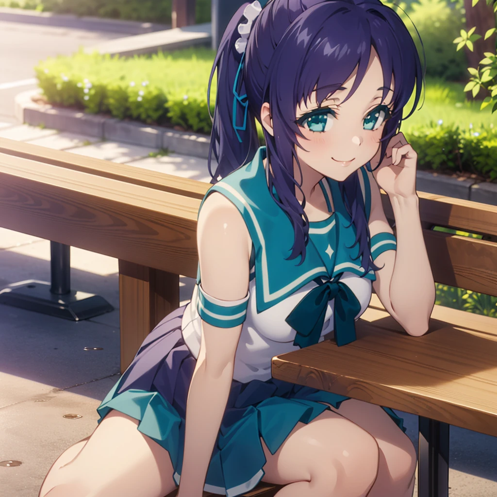 1girl,solo,outdoor,bench,sitting,smile,
 aatisaki,blue_hair,blue_eyes,side_ponytail,tisakiuniform,sailor_dress,school_uniform,serafuku,