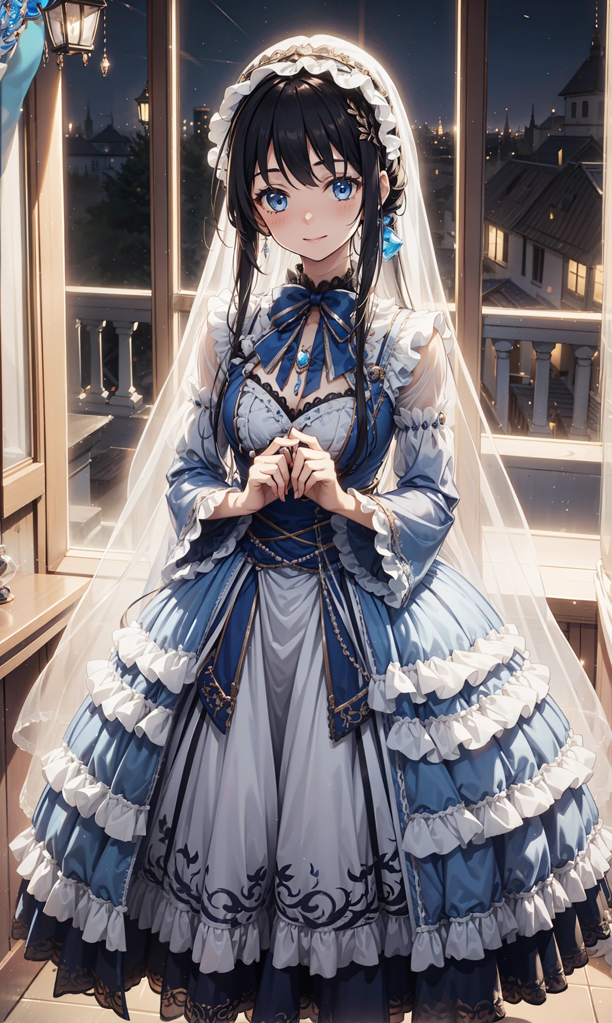 teens girl，Enchanted，having fun，Being in love，Lolita long skirt)，silber hair，eBlue eyes，see-through transparent clothes，Delicate hair accessories，Transparent lace，Sky blue pattern，the night，exquisite costumes，Bedrooms，solo person，the night，Carved suspender boots，Delicate beautiful face