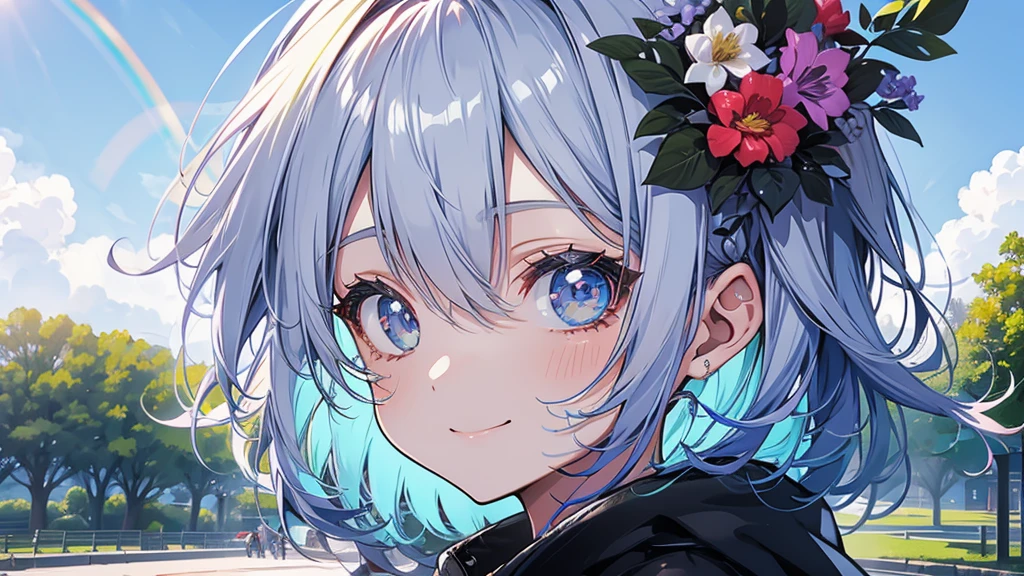 There is a girl in a park with a rainbow。Looking at me and smiling