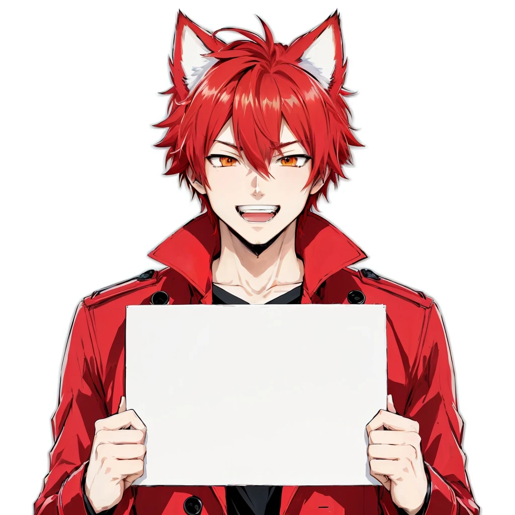 anime guy with red hair holding a blank sign, official character art, as an anime character, official art, trigger anime artstyle, fox nobushi, ( ( ( yoshinari yoh ) ) ), with index finger, male anime character, key anime art, official character illustration, in an anime style, key anime visuals, anime character, anime style characterAnime style digital artwork featuring a male character with red hair and red fox ears, wearing a red trench coat, black buttons, happy expression with sharp facial features and light skin. He holds a white sign in front of his face, action: holding a large white sign, the background is completely white, he is standing, seen in full body