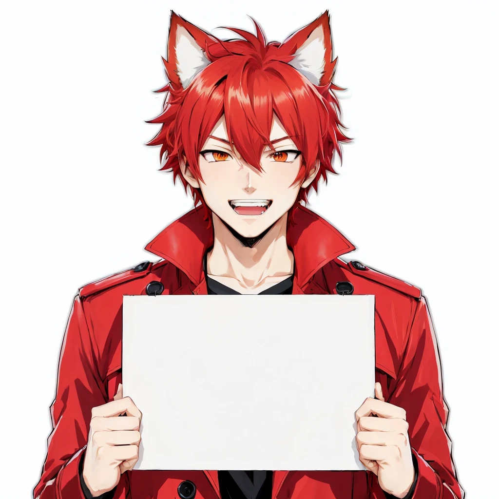 anime guy with red hair holding a blank sign, official character art, as an anime character, official art, trigger anime artstyle, fox nobushi, ( ( ( yoshinari yoh ) ) ), with index finger, male anime character, key anime art, official character illustration, in an anime style, key anime visuals, anime character, anime style characterAnime style digital artwork featuring a male character with red hair and red fox ears, wearing a red trench coat, black buttons, happy expression with sharp facial features and light skin. He holds a white sign in front of his face, action: holding a large white sign, the background is completely white, he is standing, seen in full body