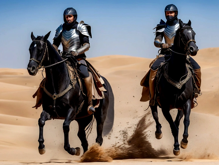 A desert landscape, a man riding a black horse with Dune-style armor in a Desert riding at high speed and sand flying around