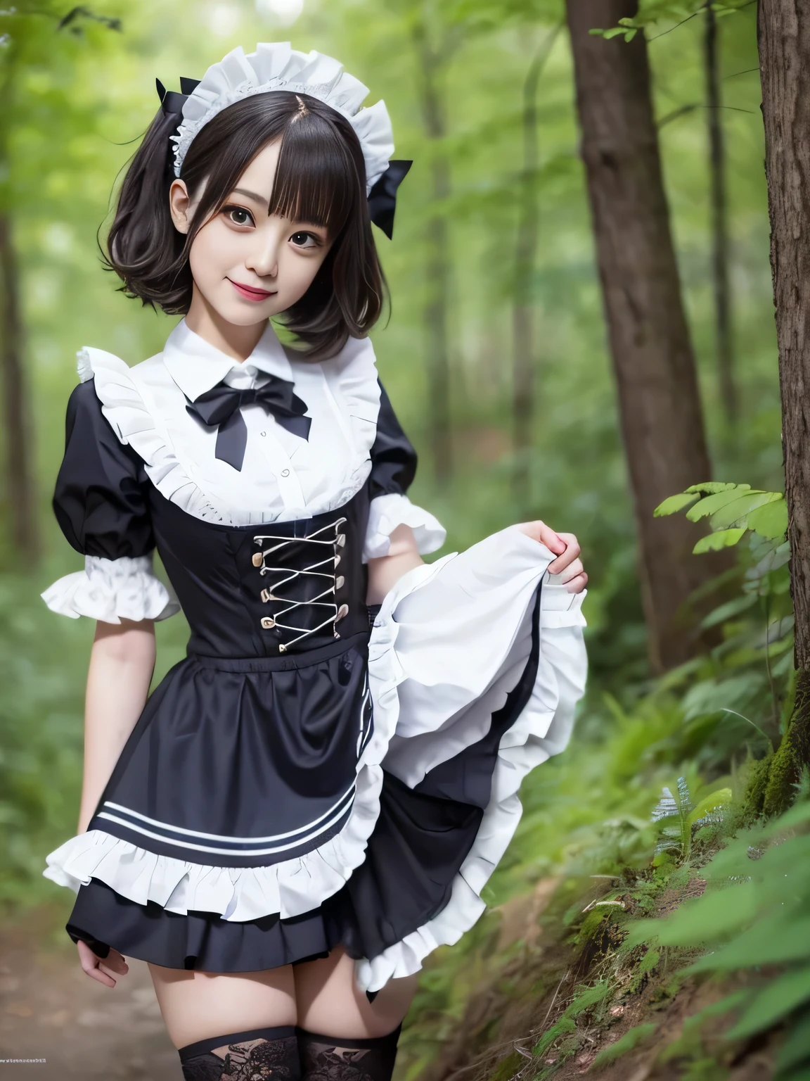 Short Bob、(Full body portrait:1.5)、18-year-old、smile、Laugh with your mouth open、Childish、Thighs、Slim and flat chested、Small breasts、Highest quality,masterpiece,Ultra-high resolution,(Actual:1.4),Original photo,Ultra-high resolution,8K,There are also women,Gothic Lolita Uniform、Maid Costume Cosplay、Forest Scenery、With confidence, Beautiful and generous,Please lift up your skirt and show me your pants.、