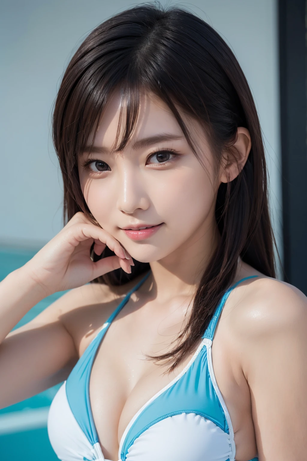 ((スポーツSwimwear:1.3)), Swimwear, Skin color, big , smile, (8K, RAW Photos, Highest quality, masterpiece:1.2), masterpiece, super detailed, super high quality, (Realistic and photorealistic photography:1. 37), High-resolution RAW color photos, Very delicate and beautiful, highly detailed, 8K壁紙, wonderful, detailed, Very eye, very detailed, very detailed skin, very thin fingers, very detailed nose, very detailed mouth, Perfect Anatomy, Upper Body, swimming, Transparency, tiny Swimwear, Nogizaka idol, Korean Idol, idol carving'Temporarily stop, 18-year-old, cheap, Cafe, restaurant, Italy, deer, Australia, break ((Upward glance)), ((angle From above: 1. 3)), From above, Looking into the camera,