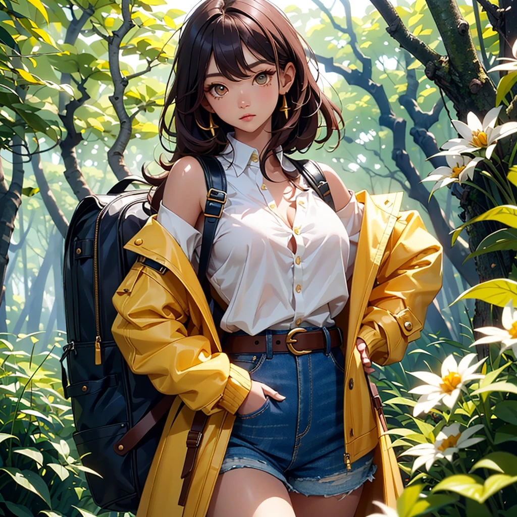 ((best quality)), ((masterpiece)), (detailed), off-shoulder sweater, Transparent body, Visible veins, Highly detailed, Upper body, one girl, young Korean woman with a Korean beautiful face, golden eyes and yellow sandy lush hair, tanned dark bronze skin, huge chest, dressed in an open coat with rolled up sleeves, a transparent unbuttoned shirt, a wide leather belt with gold yarn, leather shorts, a hiking backpack, a two-handed katana in sheathed, walking through the forest, trees with blue foliage and white flowers,