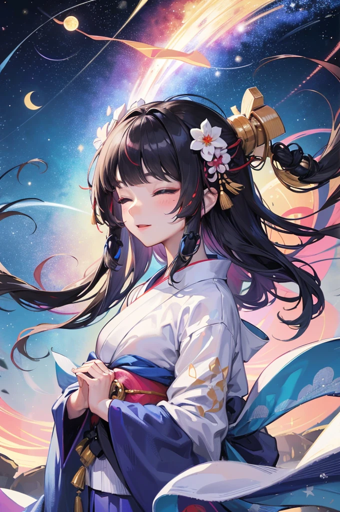 (Tanabata festival style), (in the detailed beautiful night, best sky of Galaxy), (solo:2, 15 yo, blunt bangs:1.3 glossy black hair long hair cute shrine maiden girl, sexy closed eyes, glossy lips, love smile, looking at sky), (in a cute yukata), break, background detailed Universe and Meteor shower, BREAK, perfect anatomy, masterpiece, best quality, 16k, beautiful detailed galaxy, daydreaming expression.